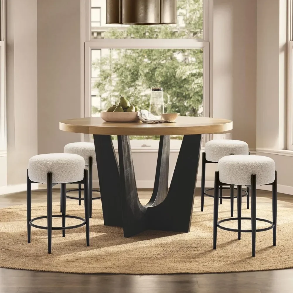 Modern Bar Stools Set of 2,with Round Soft Padded Boucle Backless Seat and Mid-Century Base,24