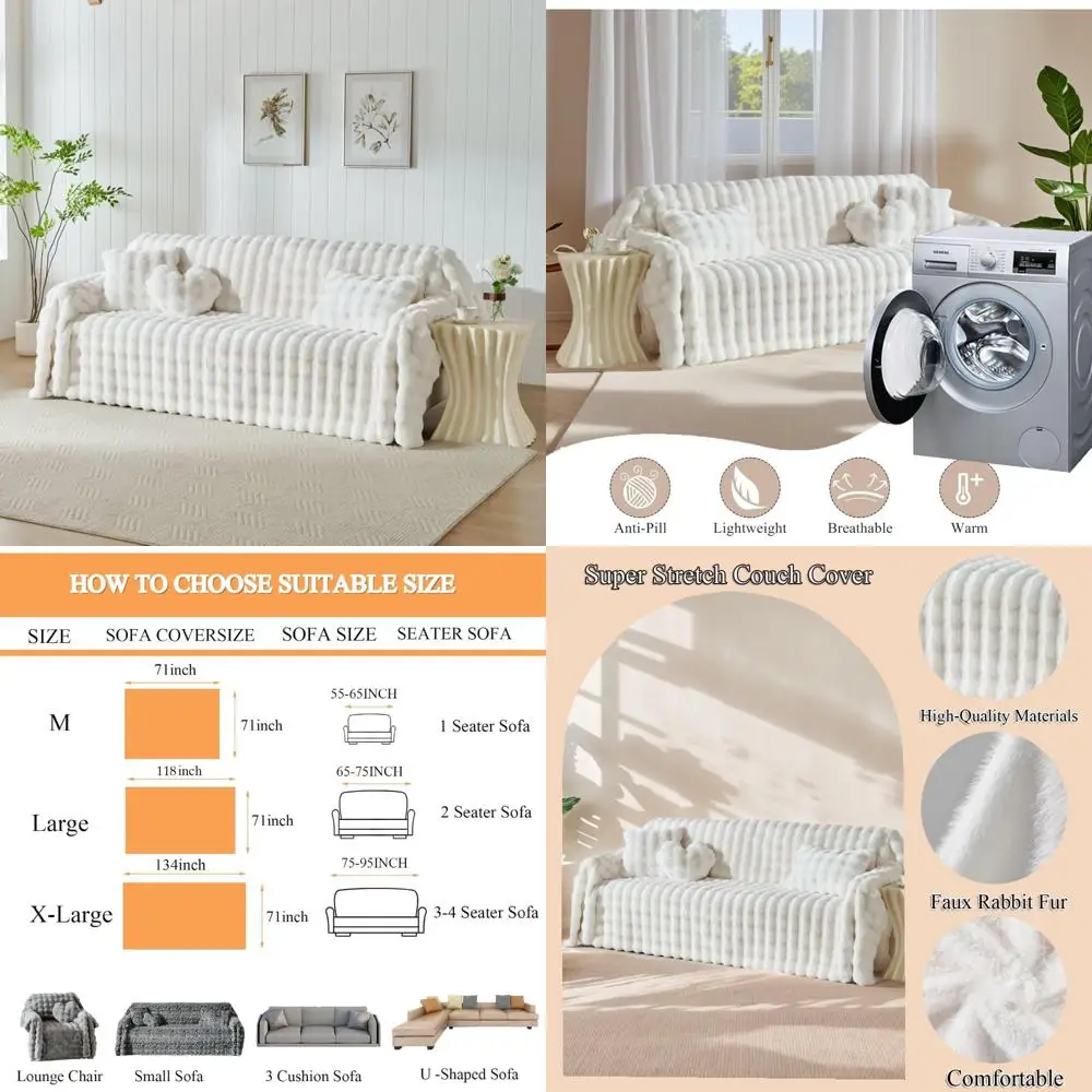 

3D Bubble Mat Faux Fur Couch Cover, Plush Faux Rabbit Fur Sofa Cover, L-Shaped Sofa Slipcovers for Home Decor and Pet Protection