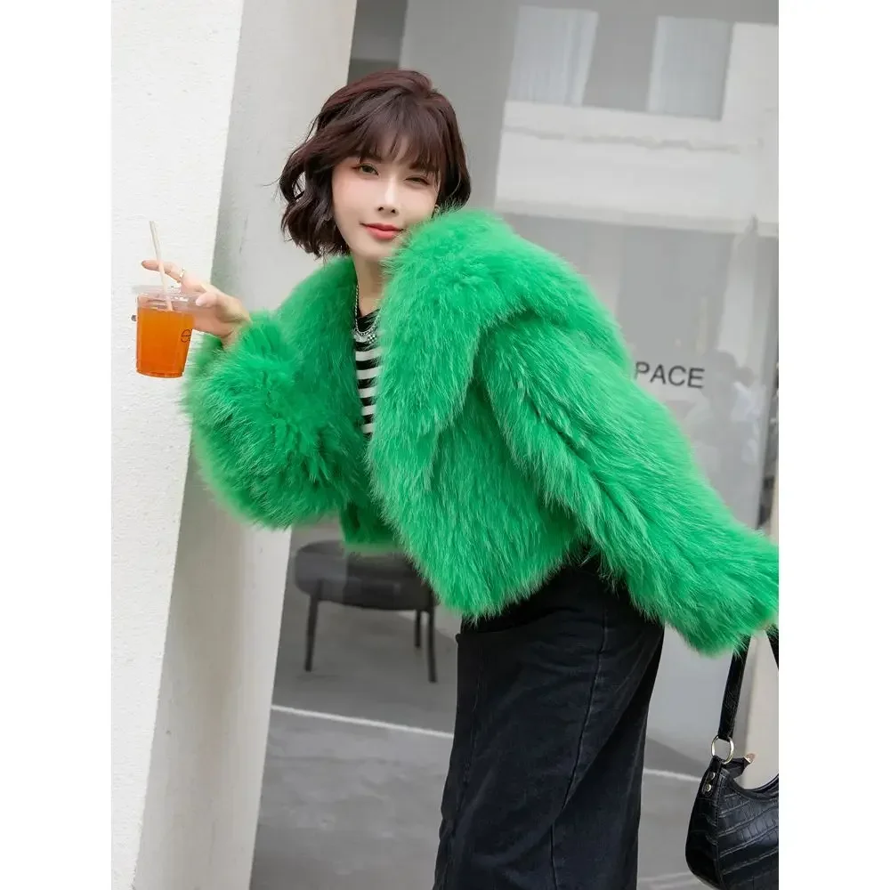 Luxury Winter Lapel Mink Collar Faux Fox Fur Trench Coat Big Fur Sailor Collar Bomber Jacket Imitation Raccoon Fur Cardigan Tops