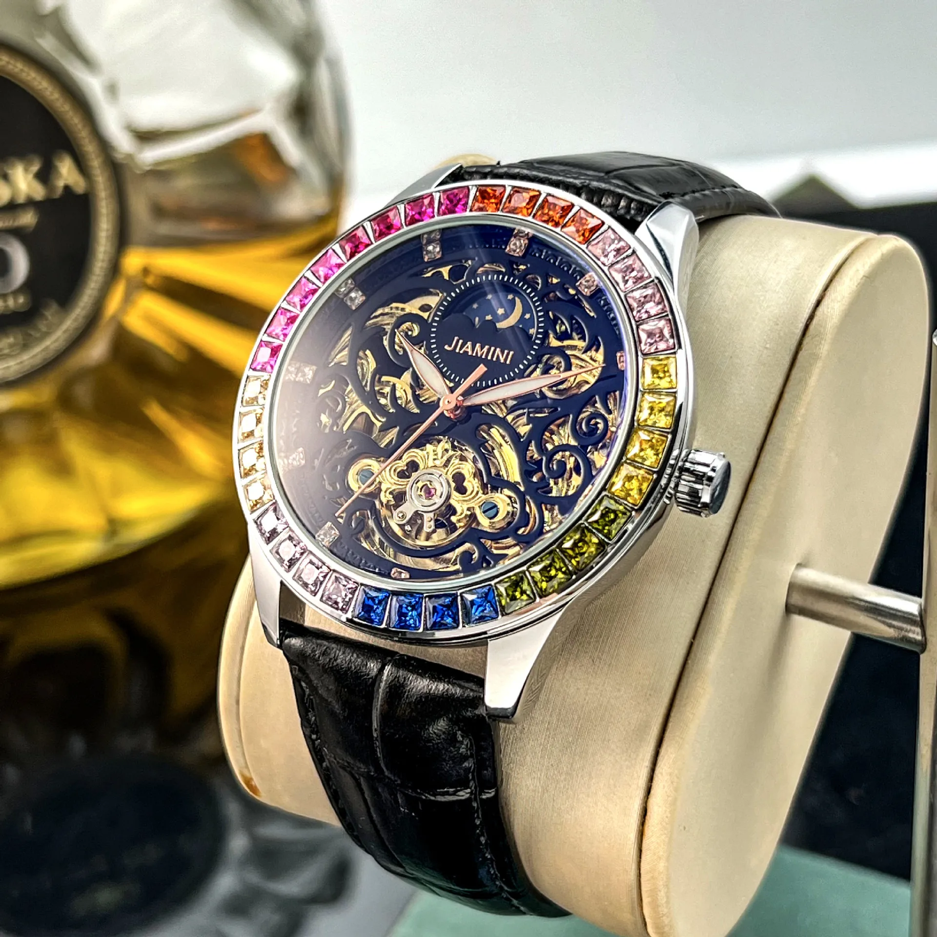 Stainless Steel New Color Diamond Moonphase Luminous Waterproof Self-Wind Automatic Mechanical Watch for Men