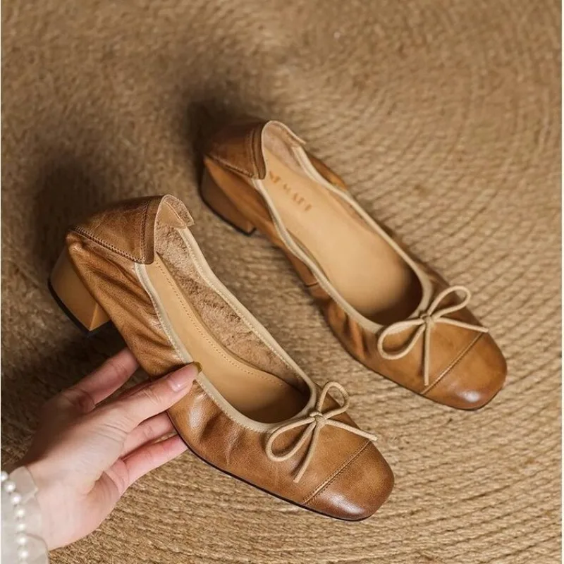 French Retro Bow Single Shoes Women's Spring and Autumn Temperament Square Toe Medium Block Heel Shoes