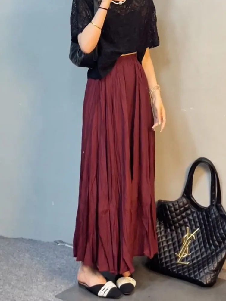 

Wine Red f-length Skirt Design Sense Pleated Loose Drapey Elastic Mid-length Summer New Sle Commute Vintage