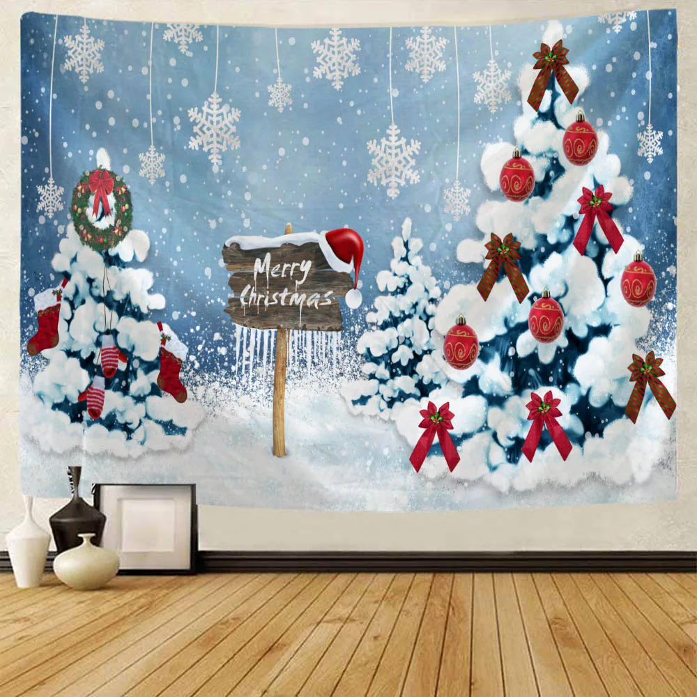 Christmas decoration tapestry, Christmas tree, snow view, fireplace, Christmas gifts, room wall decoration, living room, bedroom