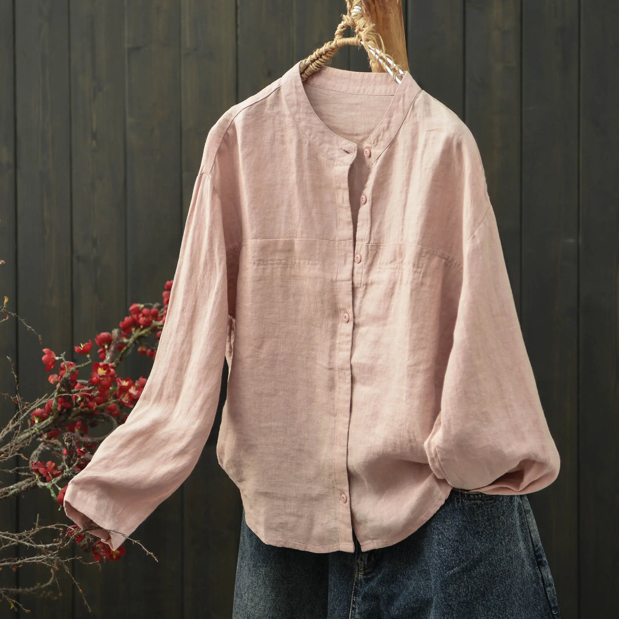 100% Linen Women Long Sleeve Casual Shirt New 2026 Spring Simple Style Stand Collar Solid Color Loose Female Tops Shirts M2709
