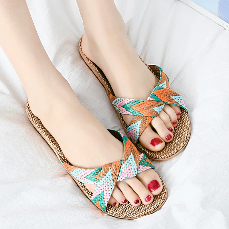 Jacquard Linen Women's Summer Indoor Home Anti Slip Sandals Cross Style -1 Pair