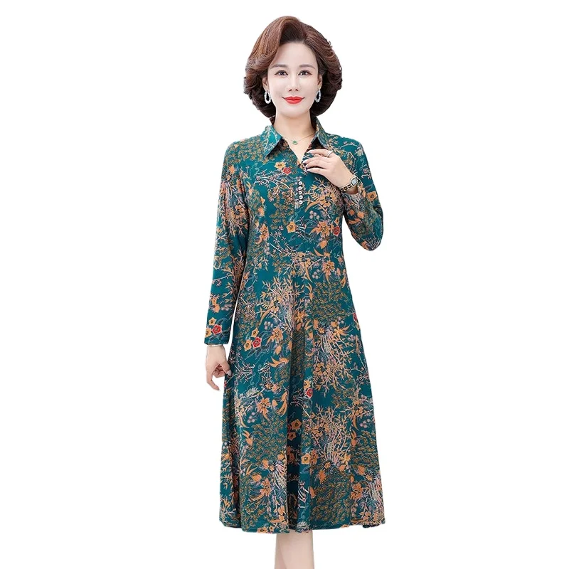 Middle Aged Women Vintage Floral Print Elegant Slim Three Quarter Sleeve /Long Sleeve Shirt Midi Dress Spring Casual Dresses