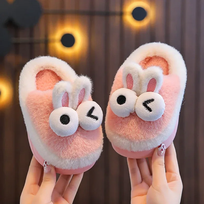 New Winter Warm Cute Cartoon Big Eyes Indoor Mule Soft Non-slip Kids Fluffy Slippers For Girls Boys Children Home Cotton Shoes