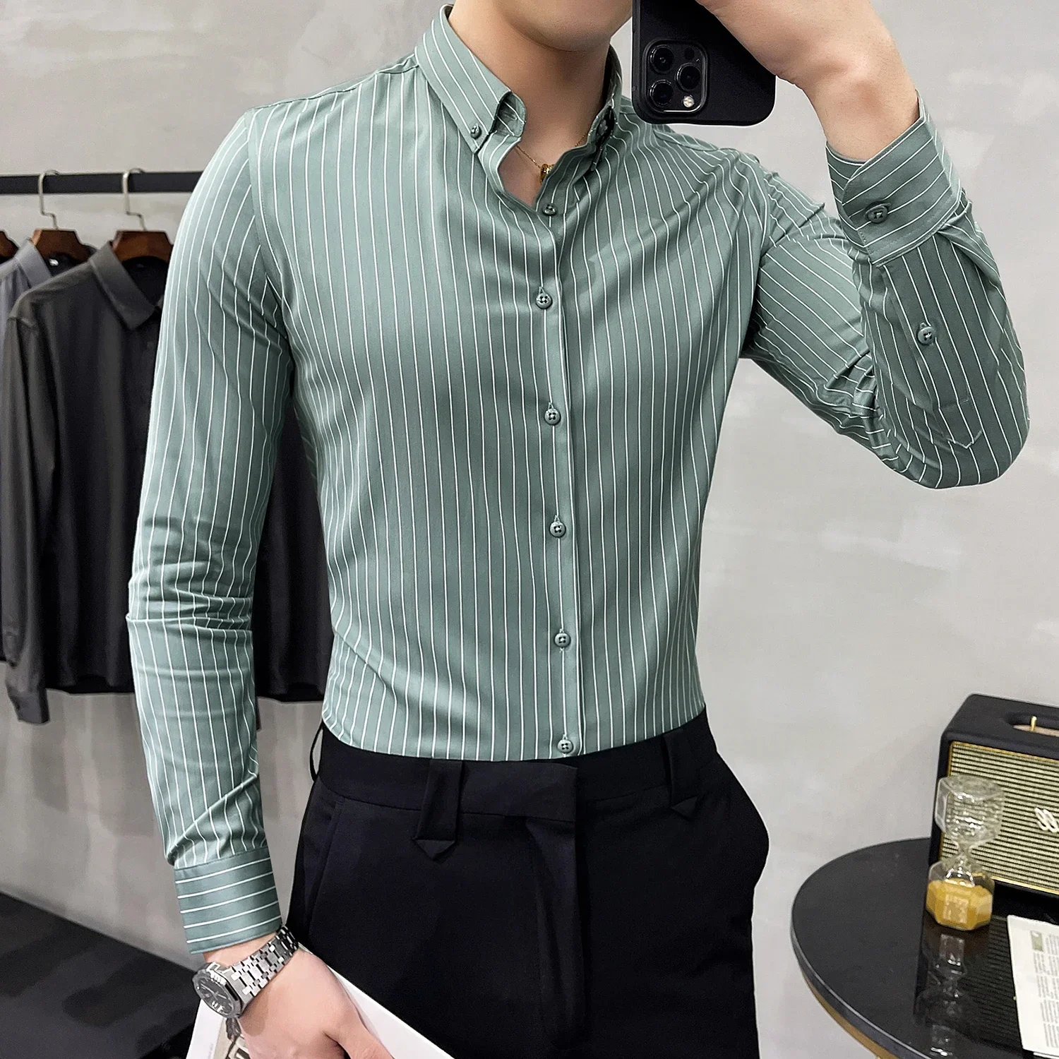 Camisas masculinas de manga longa listrada estilo britânico, camisa formal formal de negócios, camisa casual slim fit, streetwear, roupas de festa social