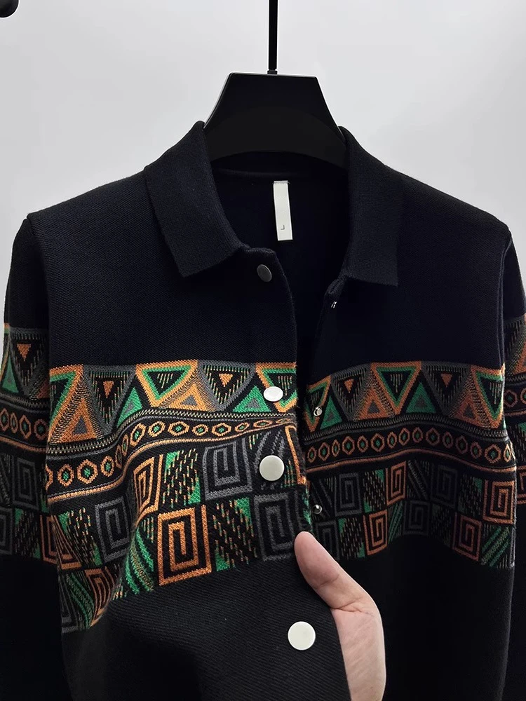 

Fashionable Men's Knitted Cardigan Collared Sweater Black Ethnic Tkae off Shoulder Jacket Spring Autumn Long Sleeve Urban Style