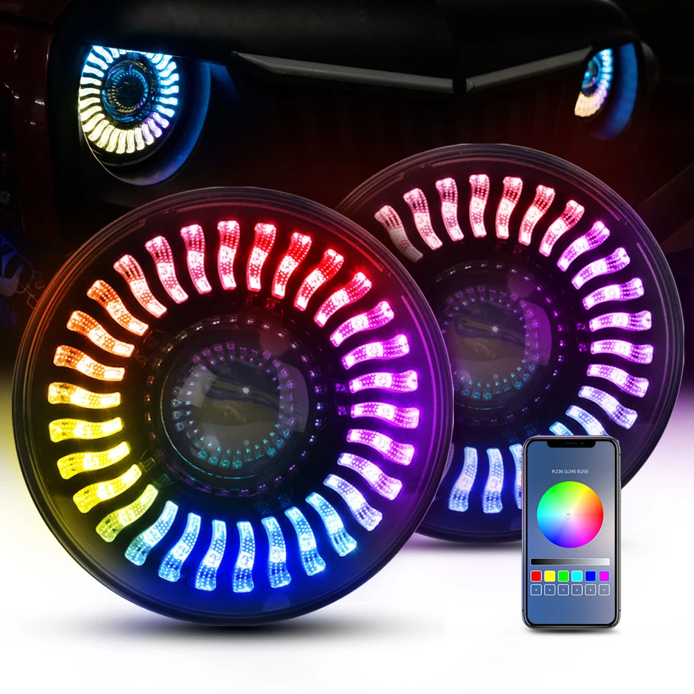 

Round Shape 7 Inch Led Headlamp APP Control RGB Halo Ring Angel Eye DRL High Low Beam Headlight Motorcycle JK JL Driving Light