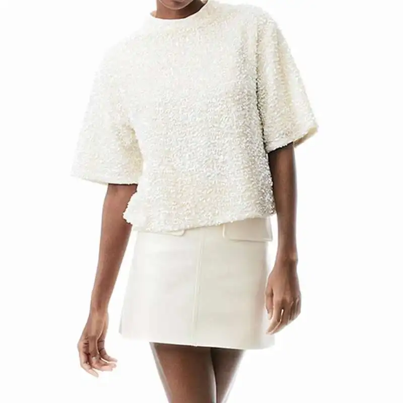 Spring Summer O-Neck Short Sleeved Women's Pullover 2025 Veet Sequin Solid Color Club Party Shirt Elegant Loose Commuting Top