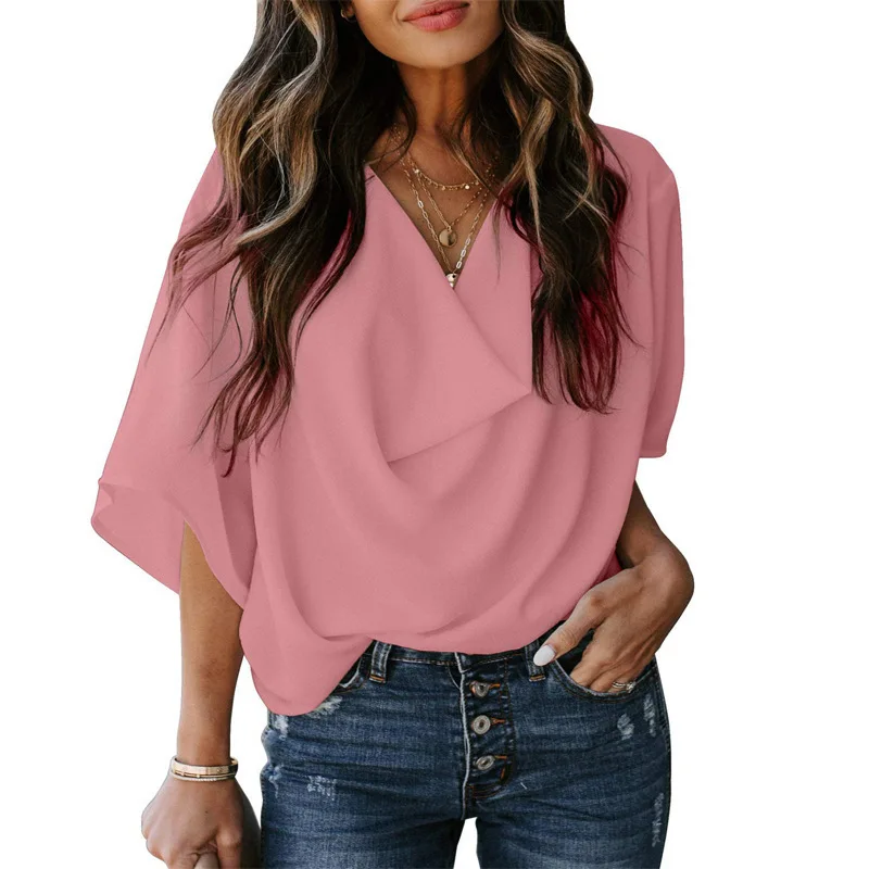 

2024 Spring Summer New Elegant Chiffon Women Shirt Loose V-neck Casual Female Top