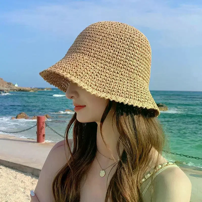 Unique Woven Women Sun Hat Solid Color Breathable Straw Fisherman Hat Foldable Visor Cap Bucket Hat Vacation