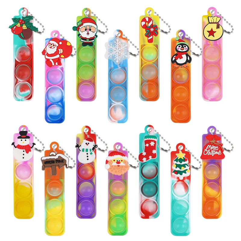 10pcs Random Colored Christmas Keychain Cartoon Silicone Rectangular Stress Relief Props Navidad Gift Decoration Pendant