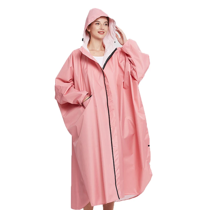 

Long Hooded Poncho Jacket for Adults, Waterproof Raincoat for Women, Stylish Zipper Coat, Pink and Yellow, Backpack Cloak