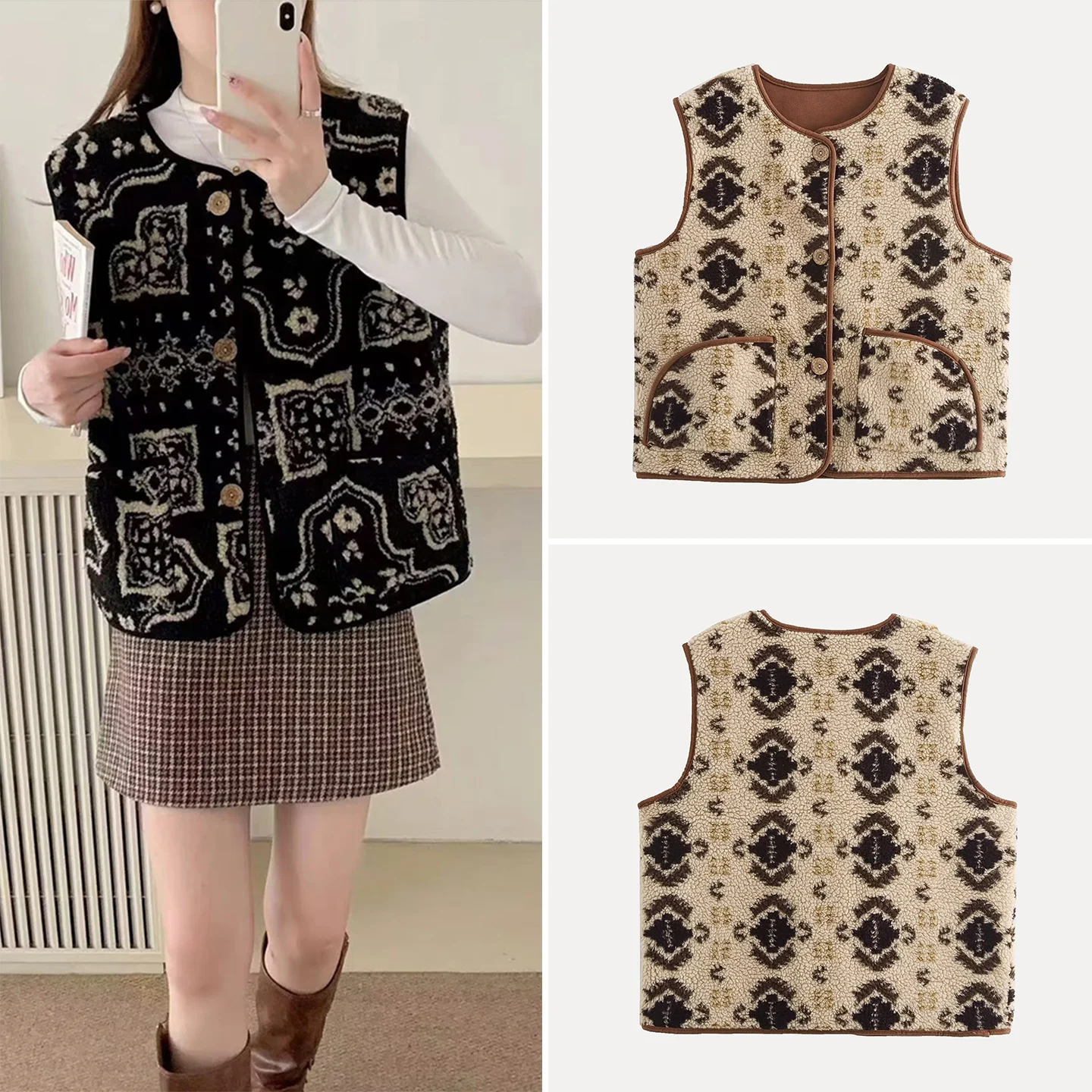 

Lamb Fur Vest Women's Faion Print Leather And Fur round Ne Svel Commute Sle Chinese Brand Z Autumn 2025