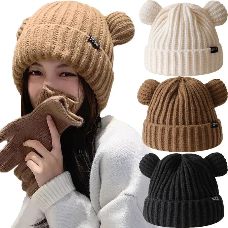 Y2K Bear Ears Thicken Hats Women Soft Harajuku Plush Ear Head Protection Cute Knitted Korean Wool Caps Cool Girl Handmade Beanie