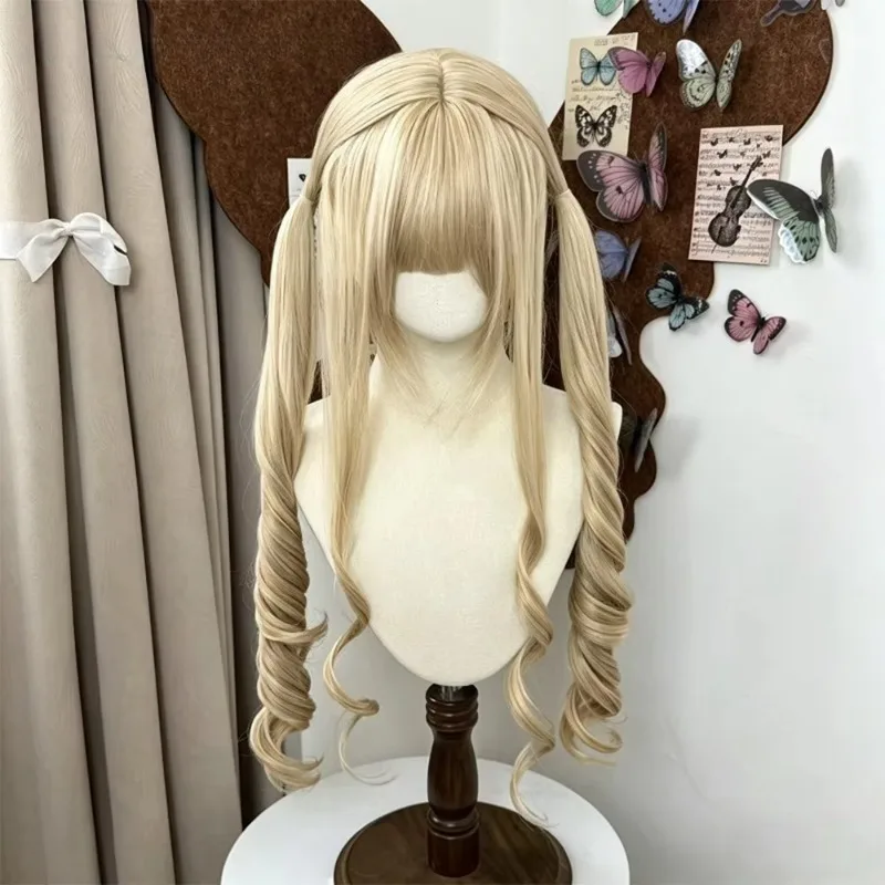 Blonde Double Ponytail Natural Long Synthetic Wig with Bangs Princess Cut Lolita Halloween Y2K Women Role Play