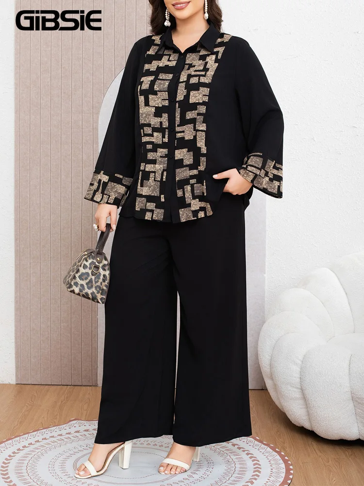Комплект GIBSIE Plus Size из 2 предметов: женская рубашка с длинным рукавом и геометрическим принтом, брюки с широкими штанинами, осенний повседневный уличный костюм 2026