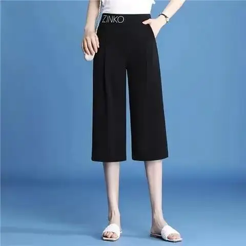 Women Summer Simplicity Loose Office Lady Ice Shreds Solid Color High Waist Wide Leg Women Clothes Casual Trend Cropped Pants