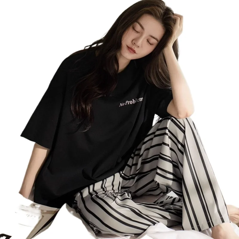 

Women's Sleepwear Homewear Letters Fall and Winter Pajamas Short-Sleeved Pants Suit Strawberry Plaid Pants Nightwear Loungewear