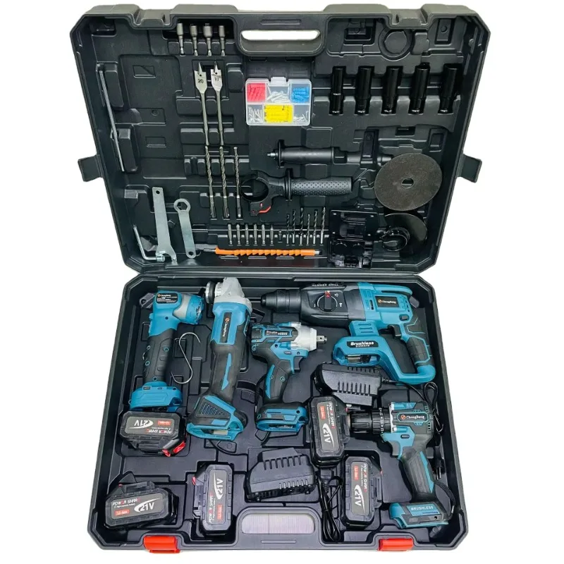 

Power Tools Set Brushless Motor Wrench Drill Hammer Angle Grinder Flashlight Lithium-Ion Tools 5-Piece Set