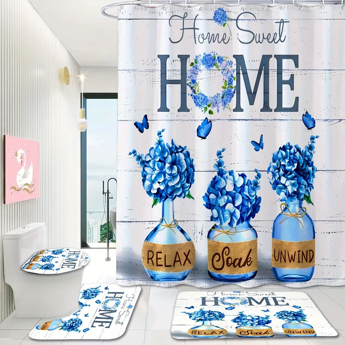 

Набор из 4 предметов для ванной комнаты Home Sweet Home: занавеска для душа, коврик для ванной, крышка унитаза, крышка бака – расслабляющий и уютный декор