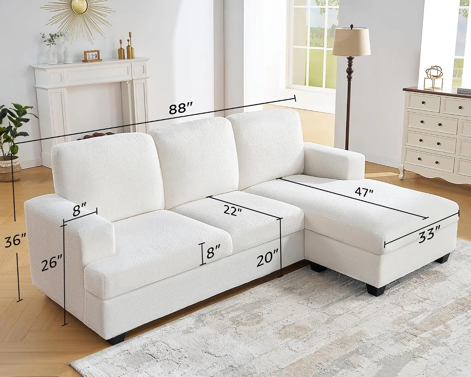 88 Inch Reversible L Shape Sofa with Storage Chaise, Comfy Boucle Couch for Living Room, Customized