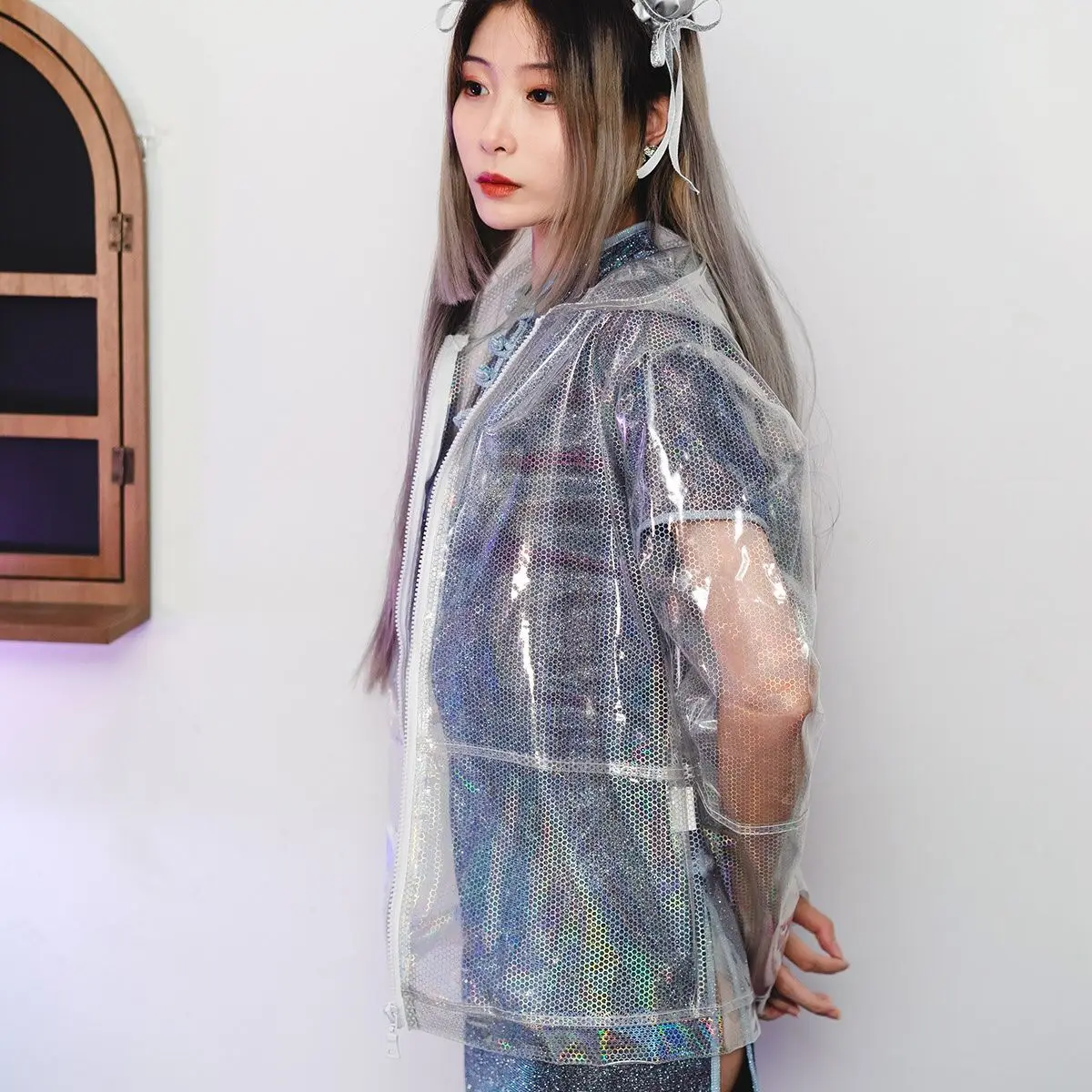 Feat.[CW Wearable AT Mirror] Rainbow-light Transparent Coat Cyberpumk Futuristic Grid Texture Crystal Jacket