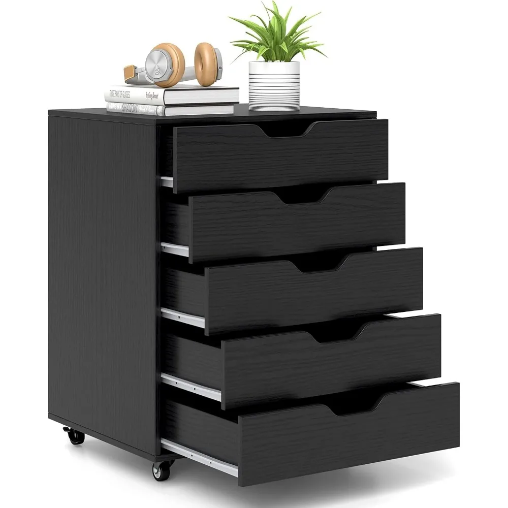 

5-Drawer Dresser, Mobile File Cabinet on Wheels, Wood Rolling Storage Drawers Under Desk, Chest of Drawers Home Room