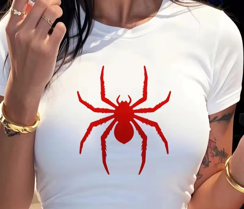 Y2k Tshirt for Woman Men Funny Spider Print Graphic Cropped T Shirt Women's Sexy Crew Neck Short Sleeve Crop Tops Clothes S-5xl