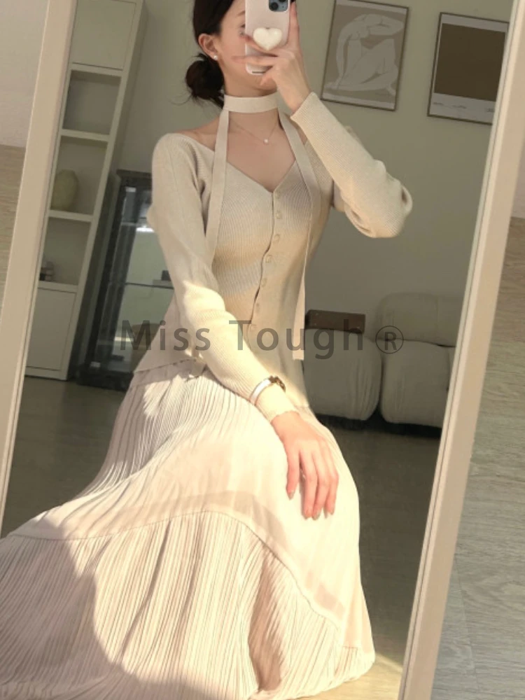 Jesień Francuski Vintage Eleganckie Dzianinowe Topy Kobiety V Szyja Sexy Y2k Harajuku Slim Kardigan Kobieta Sznurowane Korea Fahsion Casual Clothes