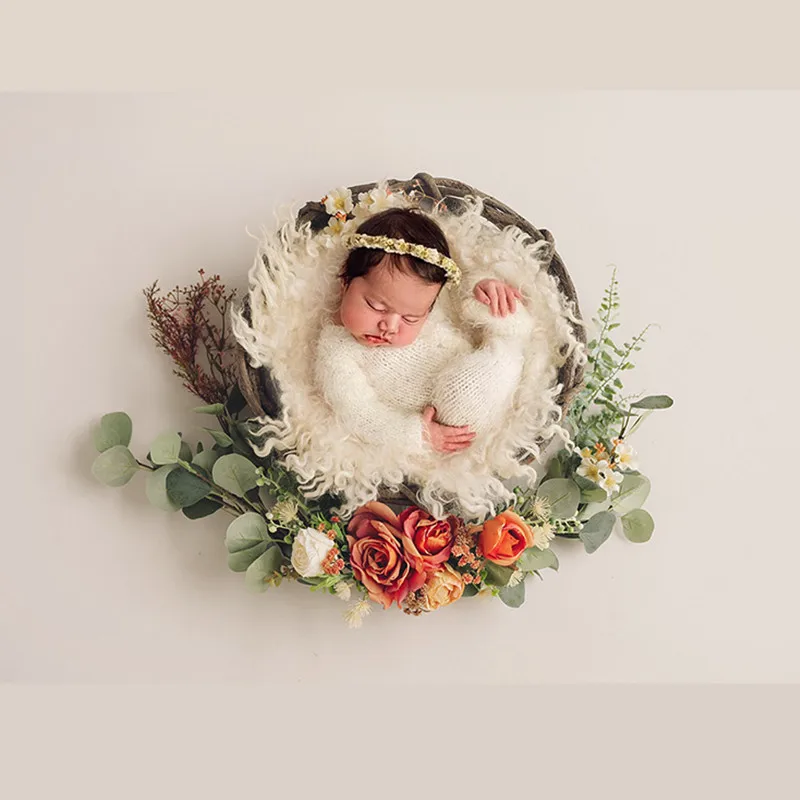 Newborn Photography Props Accessories Simulation Rose Wreath Lintel Rattan Decoration Baby Girl Birthday Take Photo Background