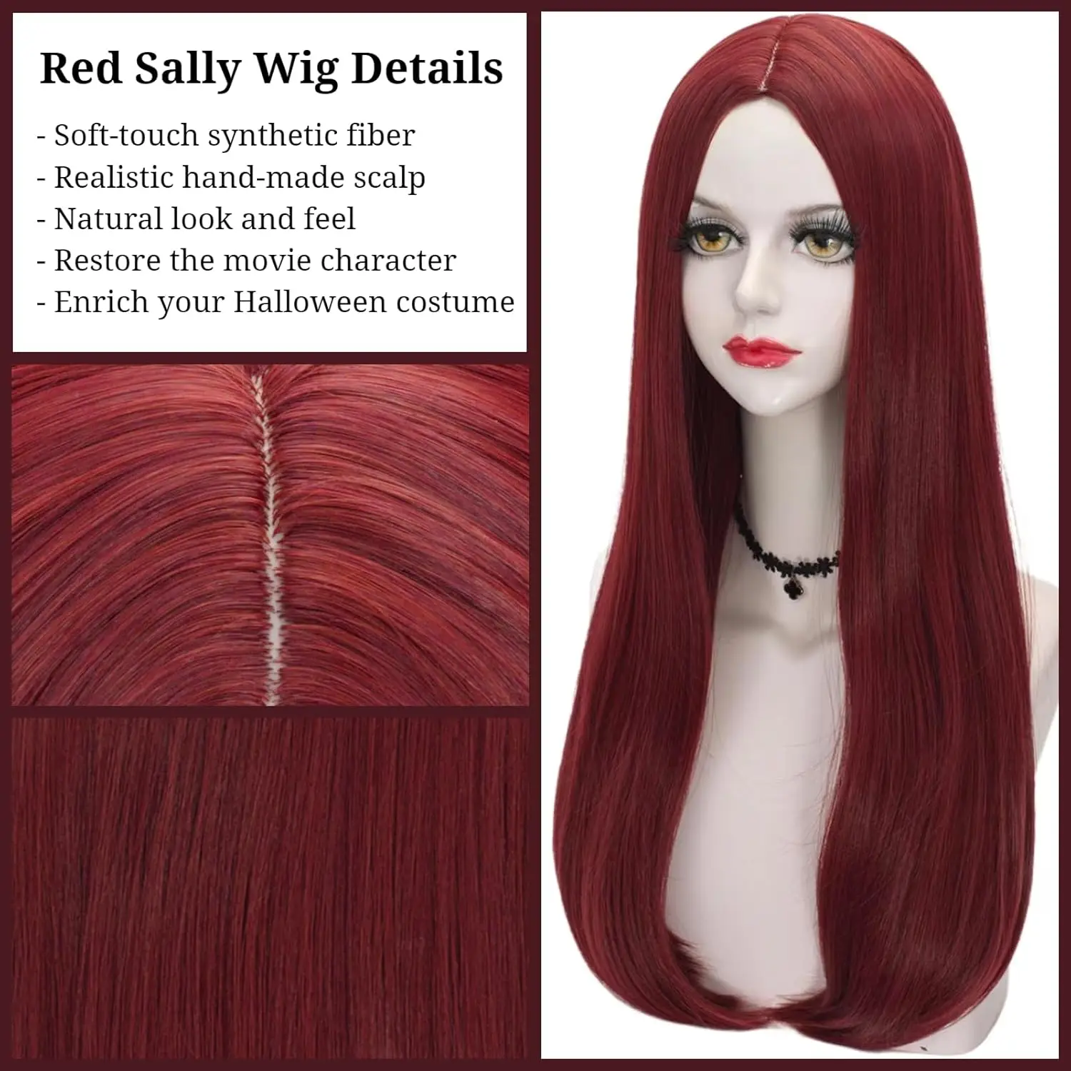 Sally Sally Costume Wigs for Women Long Straight Wine Red Wigs Sally Dark Red Wigs Synthetic Fiber Hair for Sally Costumes image 3