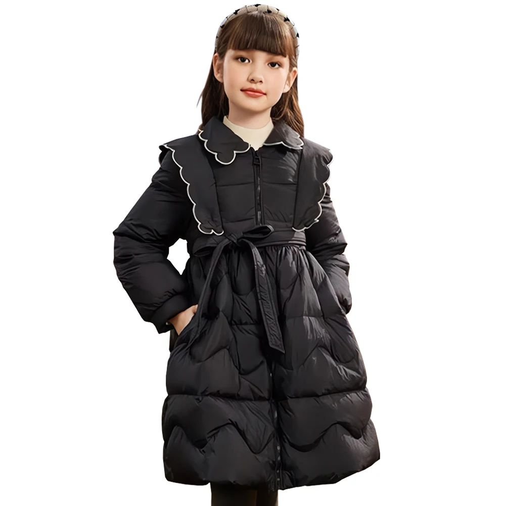 Girls Puffer Coat Long Lace Collar Thick Warm Teens Down Jacket with Belt Windproof Cotton-Padded Quilted Parka Winter Snowsuits