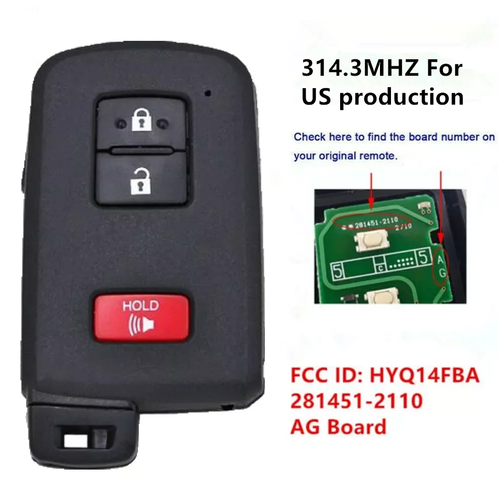 

KEYECU Cheap Keyless Smart Key FOB 3Buttons 314.3MHz AG Board 281451-2110 for Toyota Prius C 4Runner Tacoma Highlander HYQ14FBA