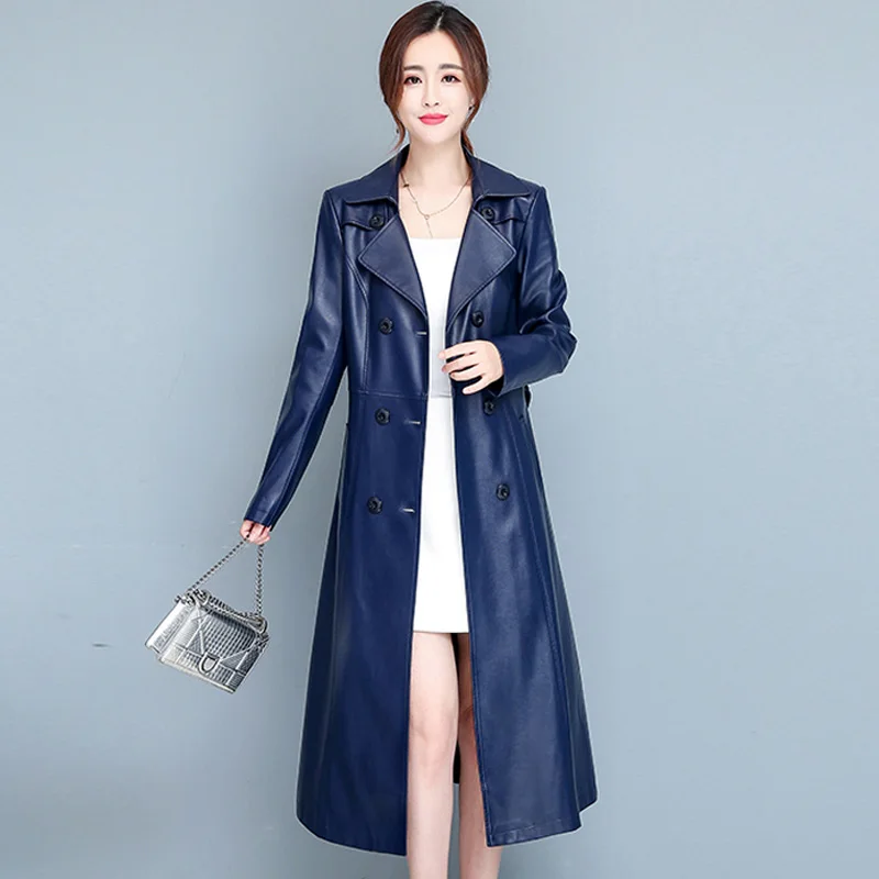 M-7XL New Women Sheepskin Leather Coat Spring Autumn Winter Warm Fur Collar Plus Cotton Liner Slim Long Leather Coat Female