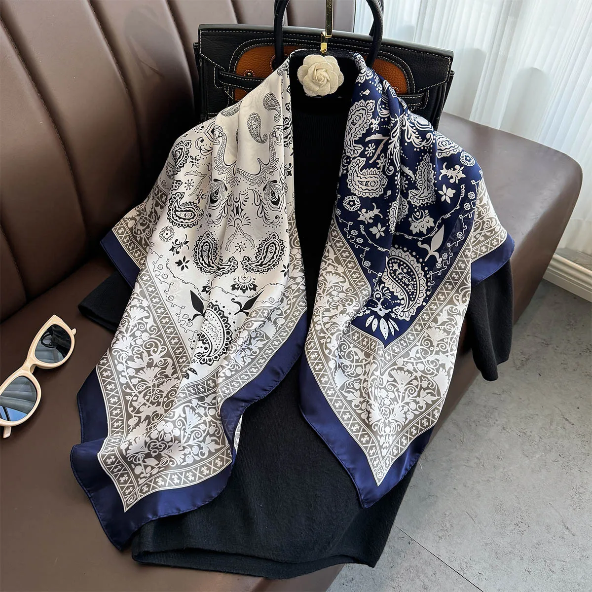 90*90 センチメートル正方形のスカーフレトロカシュー花柄シルクヘッドスカーフ女性ネックスカーフヒジャーブスカーフスカーフ夏ショールバンダナ