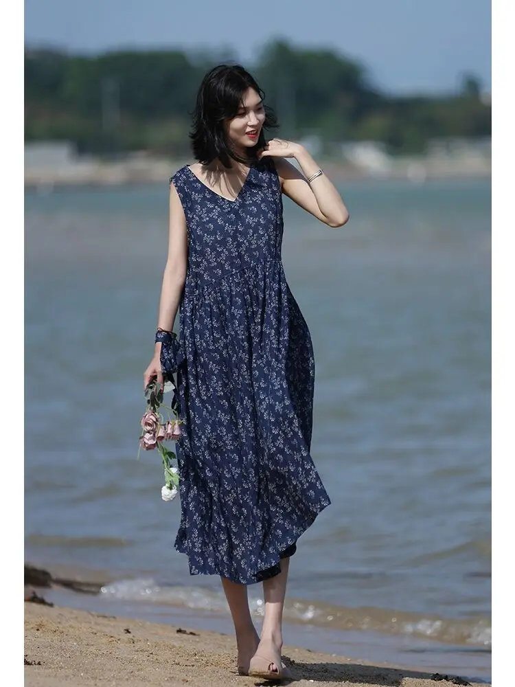 

Women Loose Sleeveless 100% Cotton Dress 2024 Summer V Neck Print New Fashion Holiday Comfortable Oversize Long Dress F168