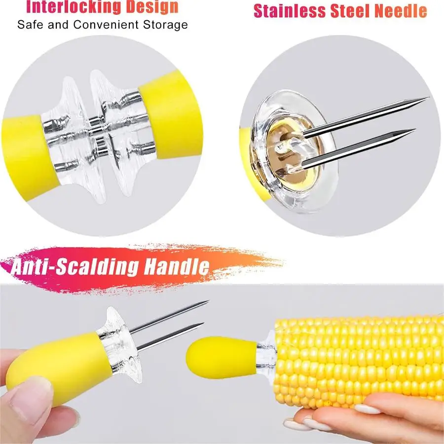 16 Stainless Steel Corn Forks with Rubber Handle,Corn on The Cob Skewers for Kitchen Cooking Tools and BBQ Party Utensils