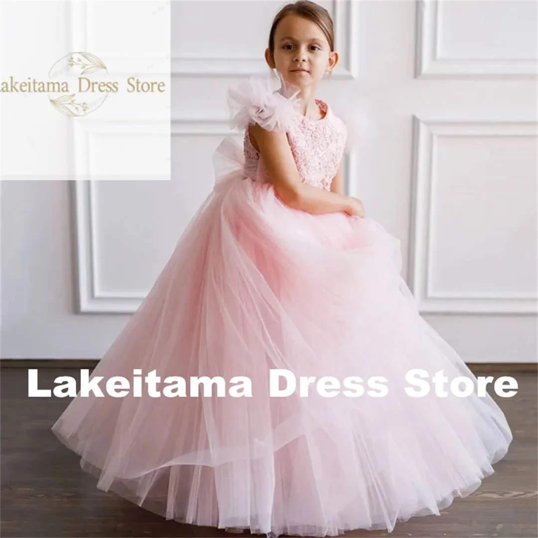 Customization Flower Girl Dresses Pink Tulle Flory Appliques With Bow Short Sleeve For Wedding Birthday Party Banquet Princess G