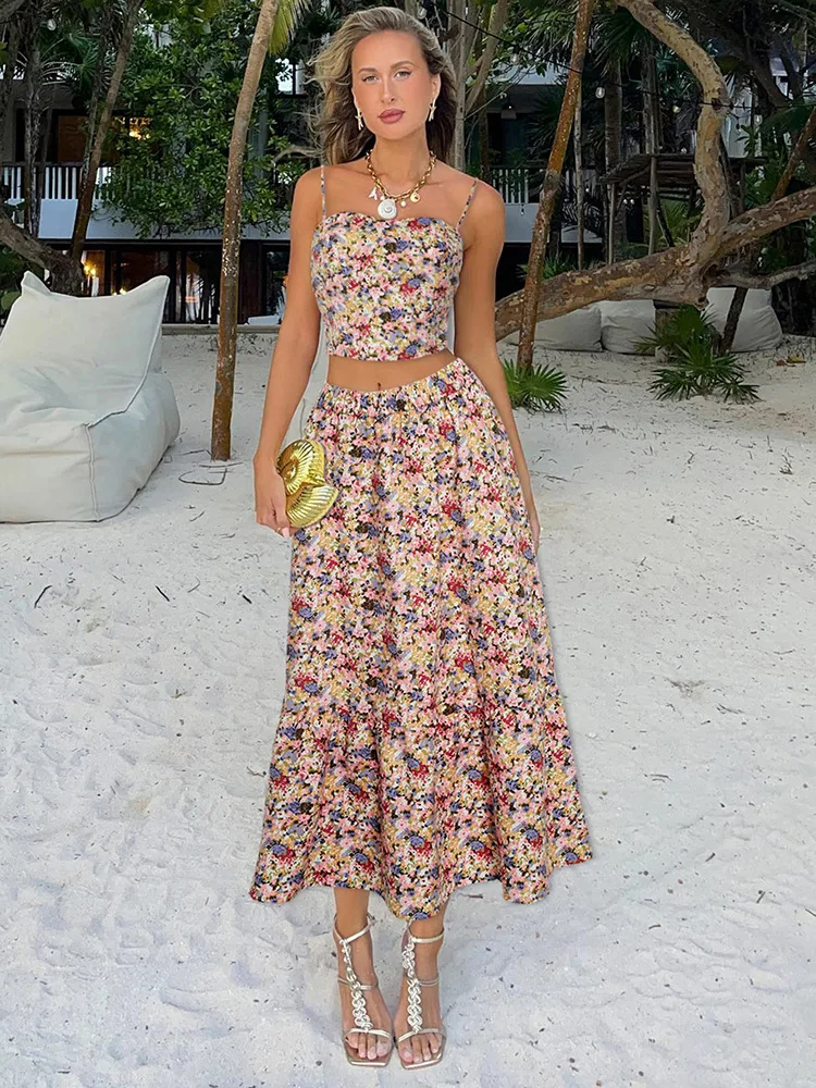 

Elegant Floral Print Skirts Two Piece Sets for Women Sexy Strap Tank Tops and A-line Long Skirts Suits Female Casual Dress Sets
