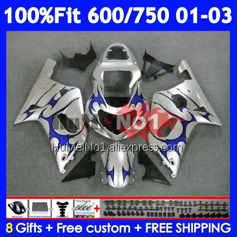 OEM Body For SUZUKI GSXR 600 750 CC K1 GSXR600 102No.16 Blue silvery GSXR-600 GSXR750 01 02 03 2001 2002 2003 Injection Fairings