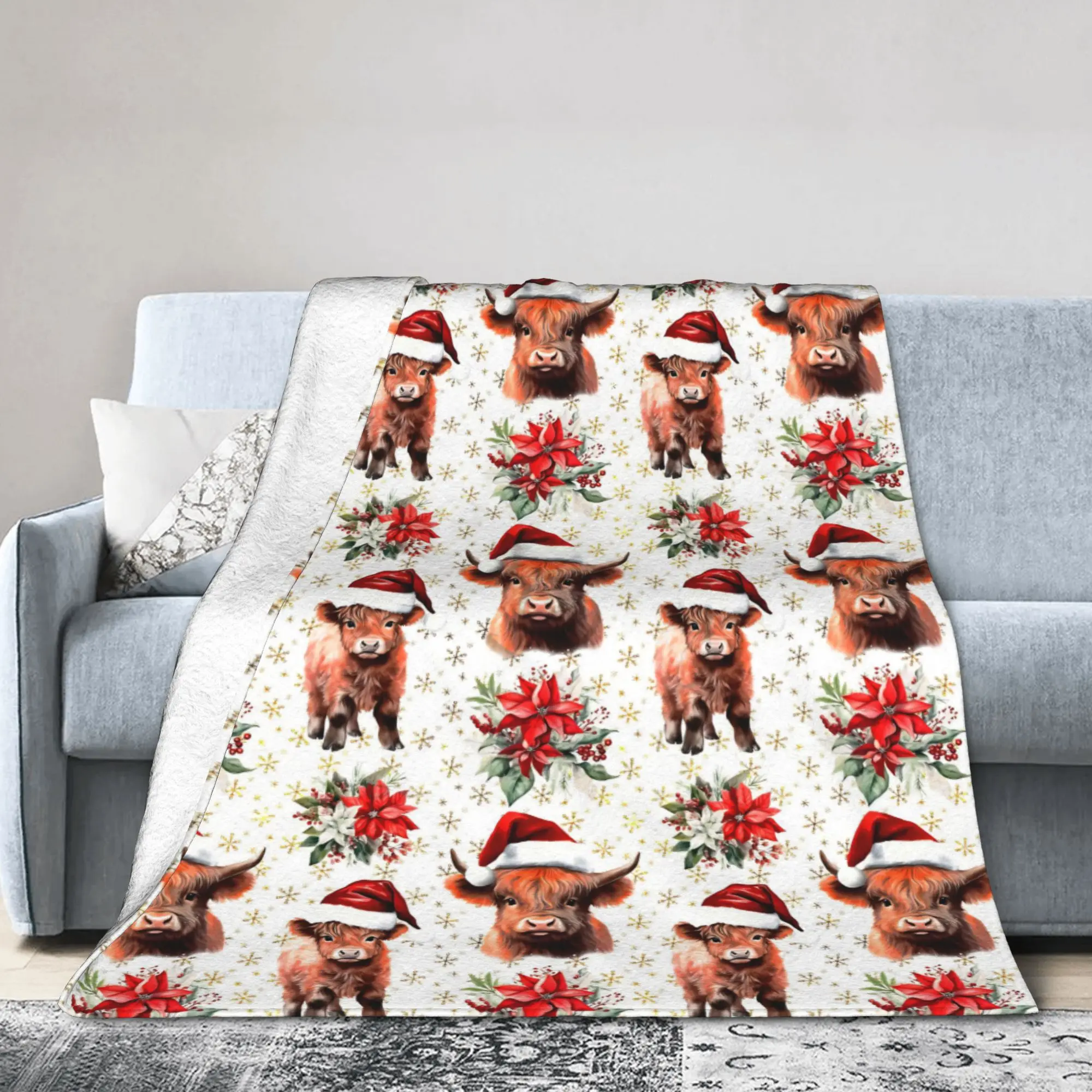 Christmas Highland Cow Blankets Fleece Spring Autumn  Multi-function Soft Throw Blankets for Home Travel Bedding Throws