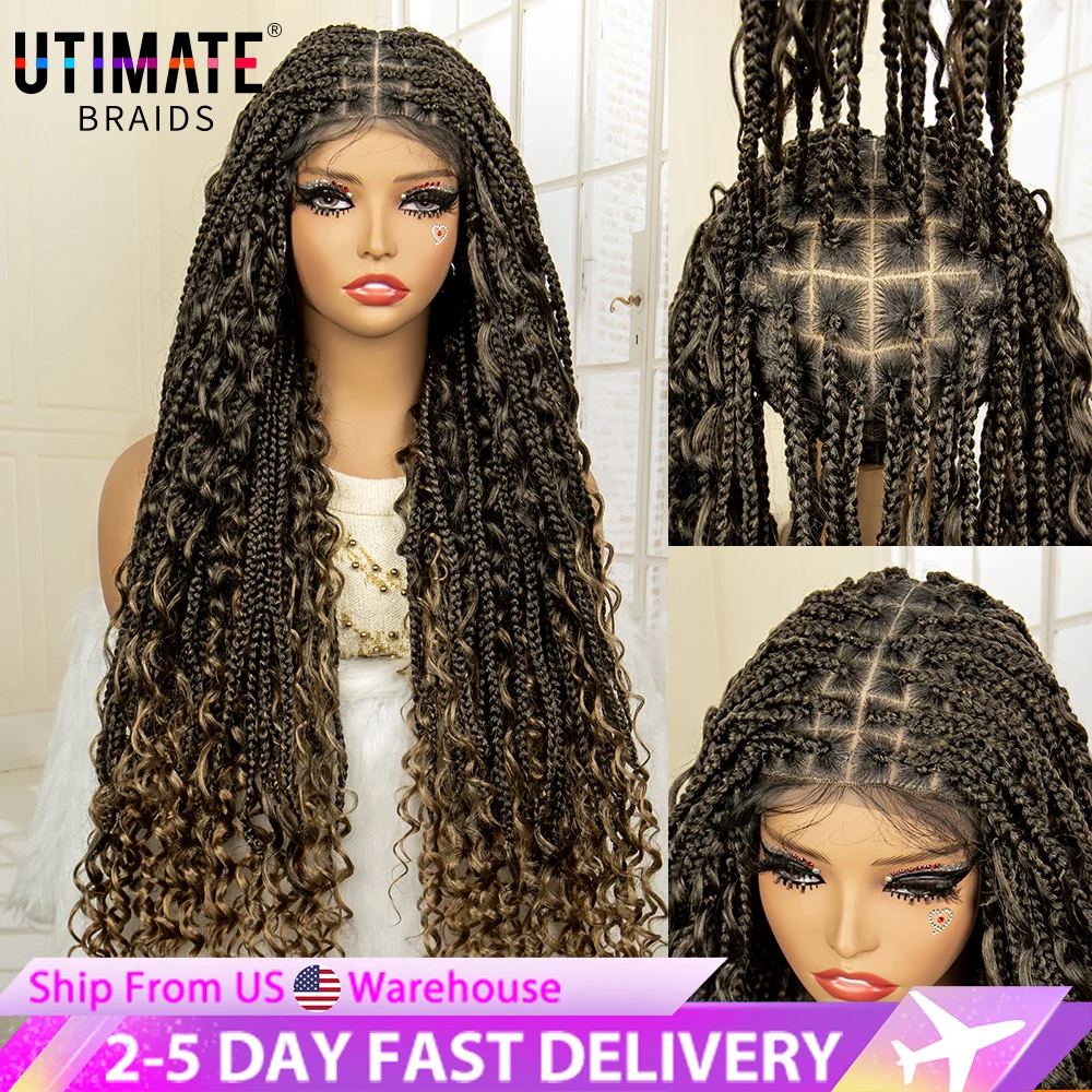 Full Lace Box Braided Wigs for Women Synthetic Boho Braids Lace Wig Ombre Brown Knotless 32 Inches Bohemian Braid Goddess