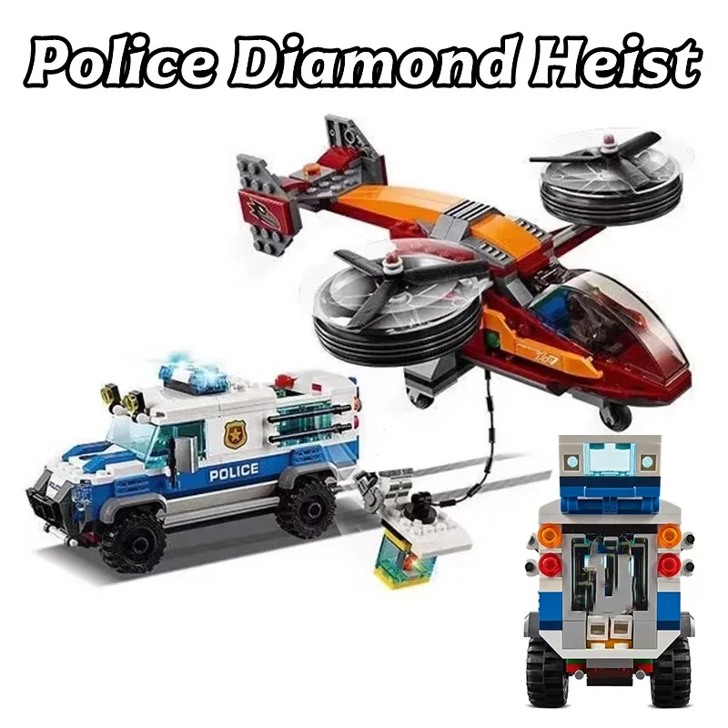 Juegos de ladrillos compatibles serie City, bloques de construcción, helicóptero de policía, Chase Diamond Heist, coche, juguetes para niños, regalo 60209
