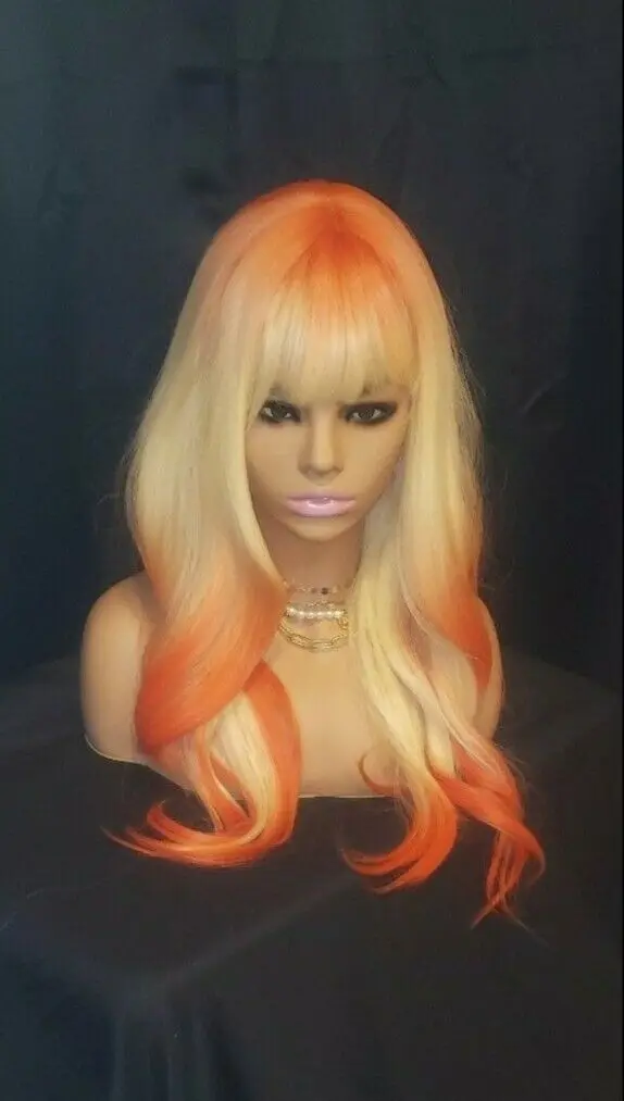 شعر مستعار طويل مموج بلاتيني أشقر أحمر برتقالي زنجبيل Balayage