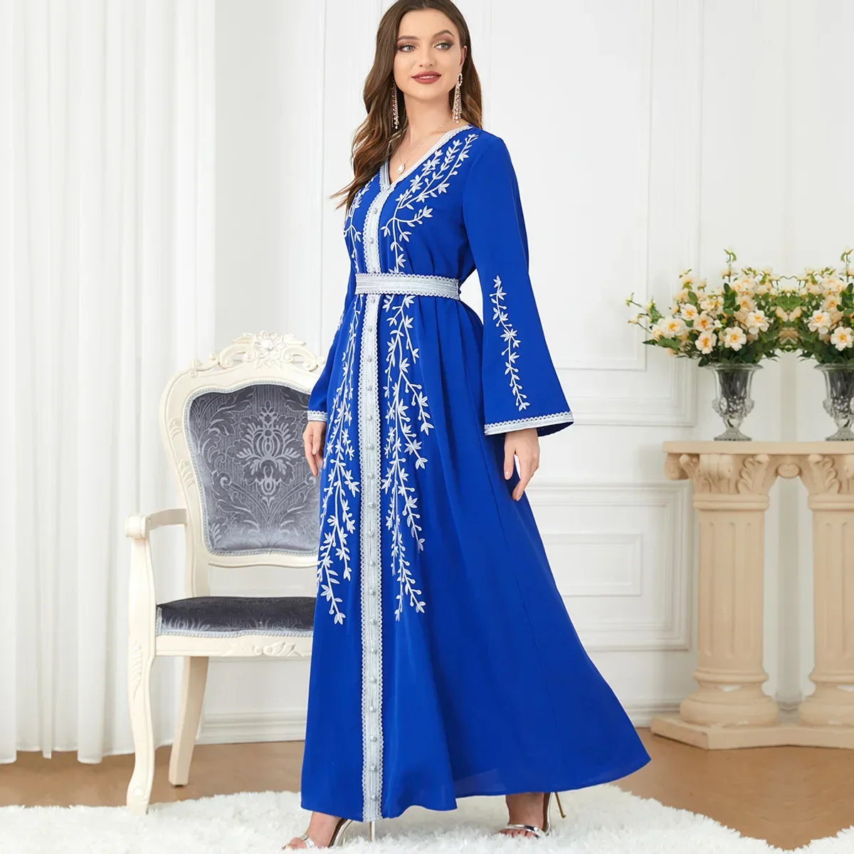 

Women Embroidery Dress Abaya Dubai Turkey Arabic Islamic Girdle Around The Waist Dress Caftan Loose Casual Dress Muslim Abayas