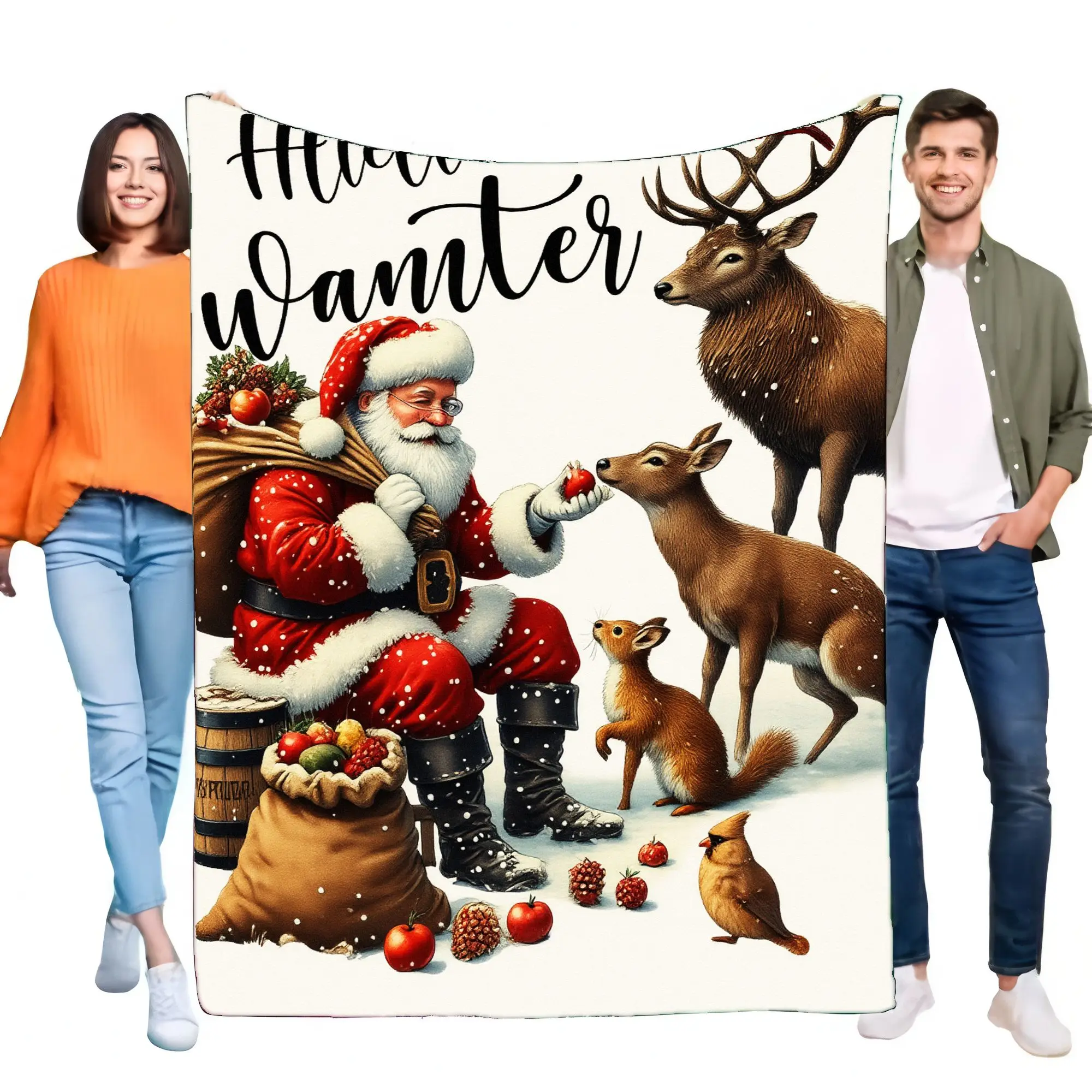 Gemütliche Weihnachtsüberwurfdecke aus weichem Fleece im Weihnachtsmann-Design mit Hirsch- und Waldtieren, ideal als Weihnachtsdekoration und warmes Geschenk f
