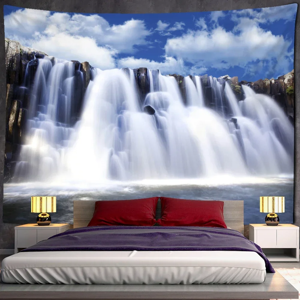 Mountains and Flowing Water Tapestry Waterfall Hanging Blue Sky and White Clouds Landscape for Room Bedroom Living Room Decor